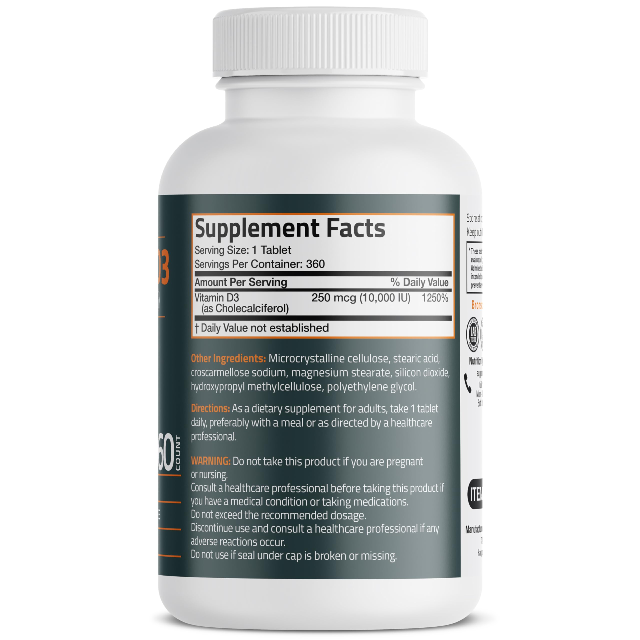 Bronson Vitamin D3 10,000iu (250mcg) 1 Year Supply for Healthy Muscle Function and Immune Support, Non-GMO, 360 Tablets