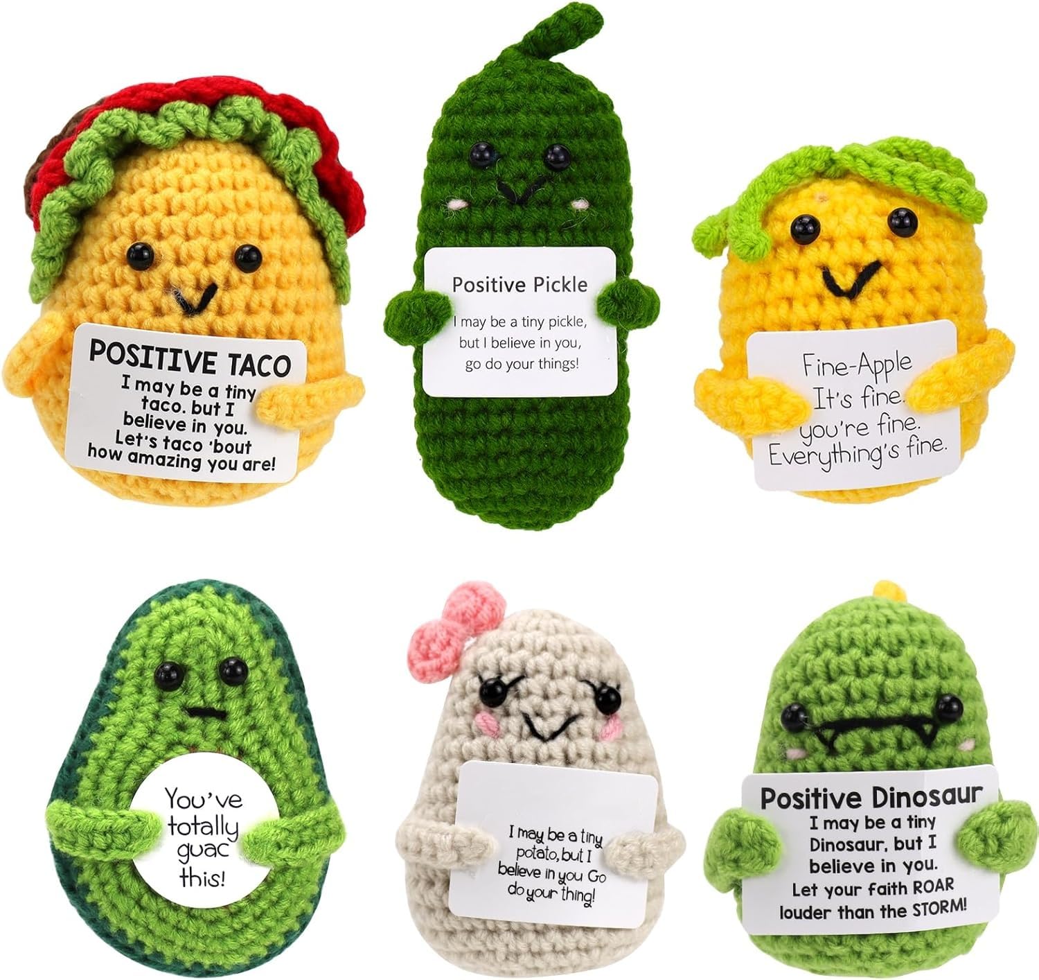 6PCS Mini Crochet Animals Set Emotional Support Nuggets Positive Potatos Pickle Taco Dinosaur Funny Inspirational Gifts for Women Men Coworker, Cute Birthday Gifts, College, Office Desk Decor (Mix-2)