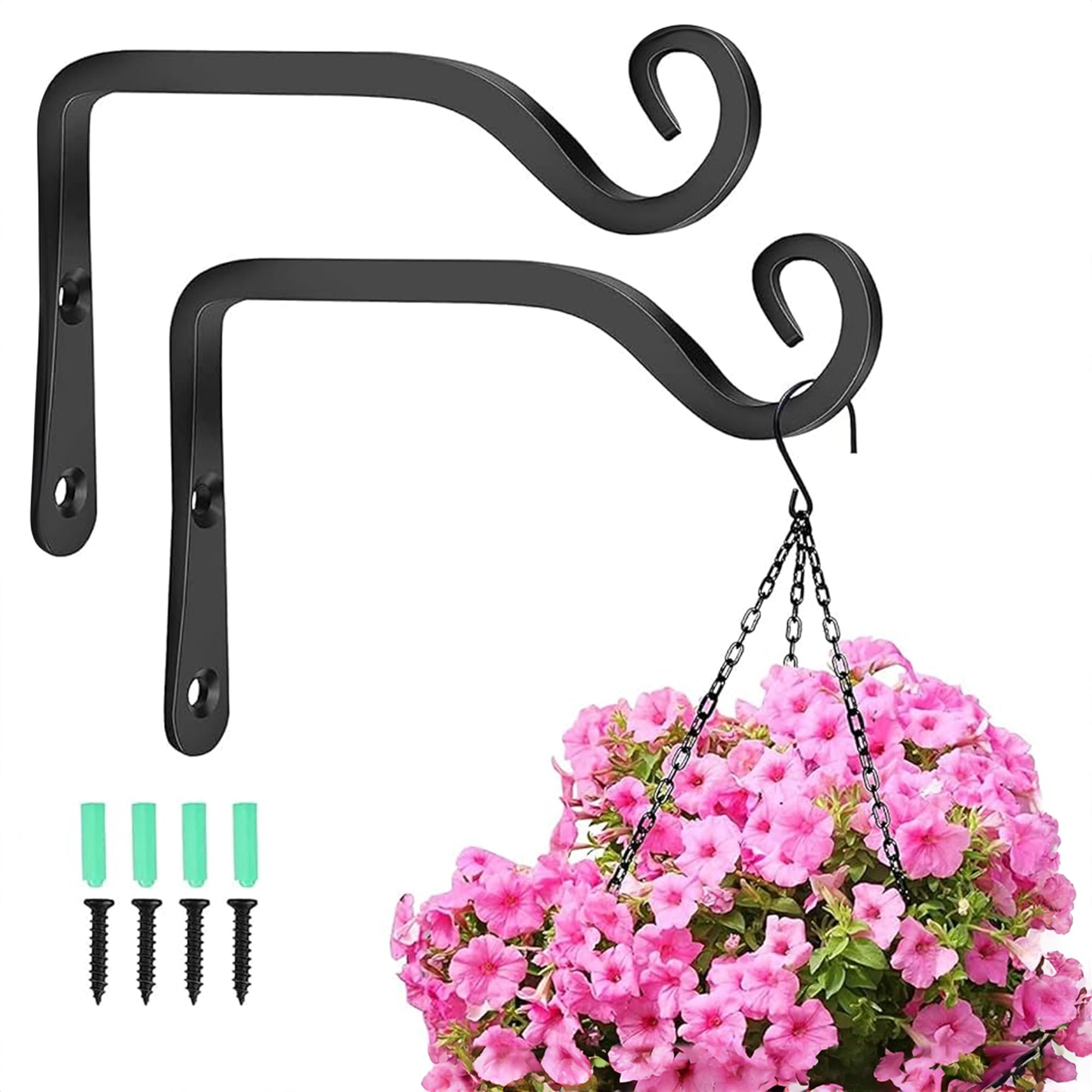 Techson 2 Pack Wall Hanging Basket Bracket, Outdoor Garden Plant Hangers, Metal Hooks for Hanging Lantern, Bird Feeder (7.3 inch, Black)