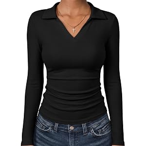 ANRABESS Womens Long Sleeve Fitted Polo Shirts | Fleece Soft Warm，V Neck Collared，Slim Work Tops,Soft，Dressy Business Casual