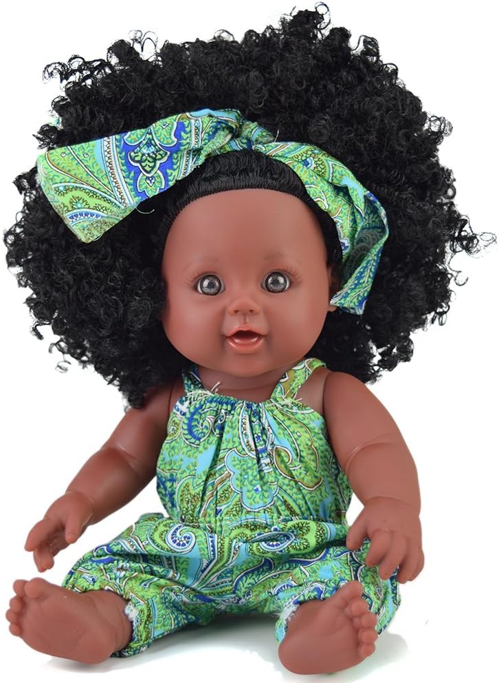 TUSALMO 12inch Lifelike Plastic Vinyl Baby Doll,African America Black Doll with Afro Hair for Toy Early Educationa Land Birthday Gift.Green