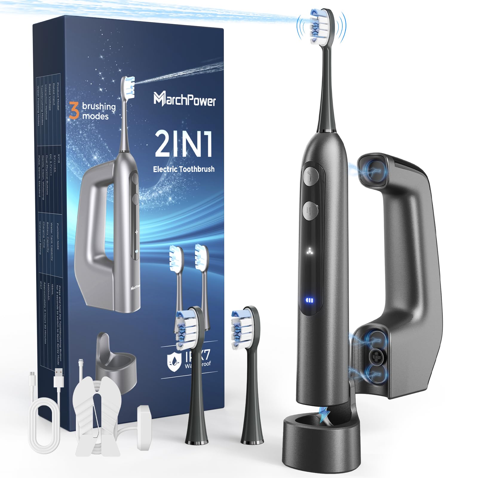 Photo 1 of Marchpower 3-in-1 Electric Toothbrush with Water Flosser 3.0, Sonic Toothbrush with Sweeping Oscillation & Water Flossing, Cordless Portable Flossing Toothbrush Combo for Adults, Travel & Daily Use