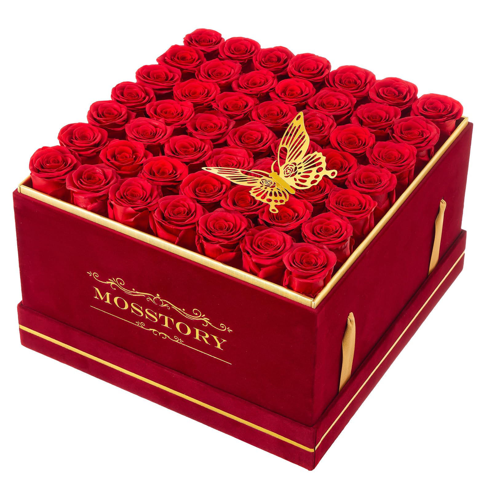 Photo 1 of Mosstory Preserved Roses in a Box 49-Piece Forever Flowers Gifts for Women Wife Mother Day Christmas Anniversary (Red Roses, Square Burgundy Suede Box)