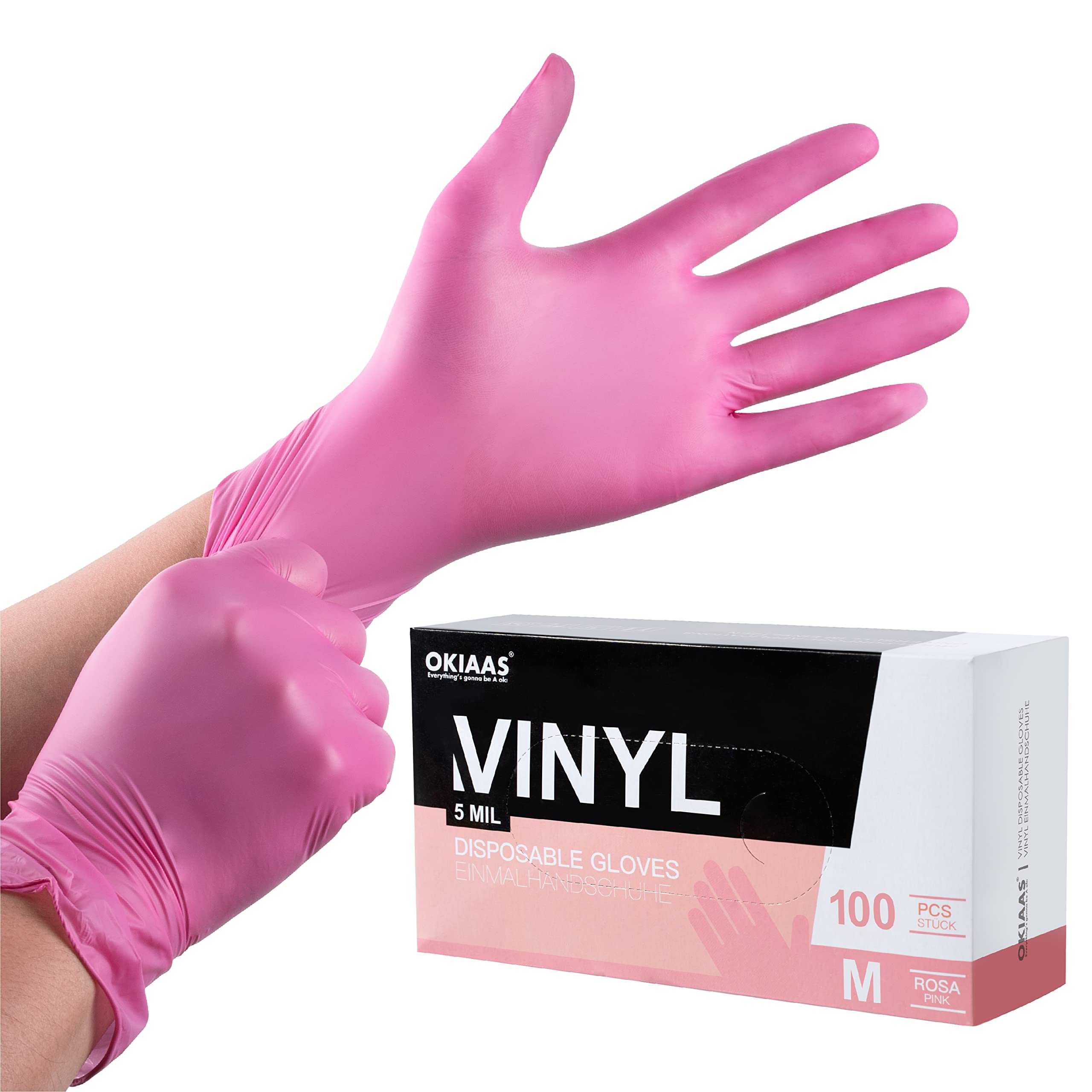 OKIAAS Black/Pink Vinyl Disposable Gloves Latex Free, Food Grade, 5 mil, Cooking, Cleaning, Hair Dye, 50/100/200/1000 Count