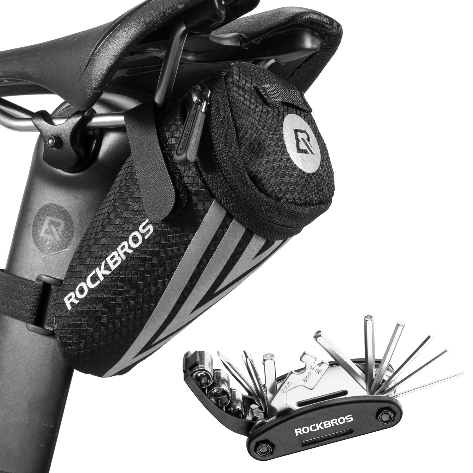 ROCKBROS Bicycle Saddle Bag + 16 in 1 Multifunctional Tool Mini Saddle Bag Bicycle Seat Bag with Tool for Mountain Bikes, Road Bikes, Ebikes Black