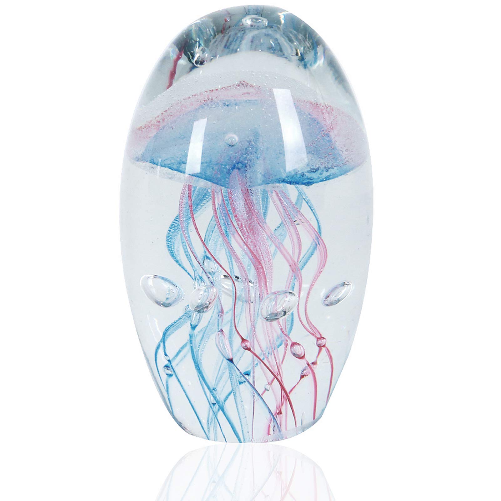 EUSTUMA Hand Blown Glass Jellyfish Figurine Ornament,Sea Animal Ornament for Fish Tank Aquarium,Sea Animals Collection for Birthday Gift,Glass Paperweight (Blue Pink Jellyfish)