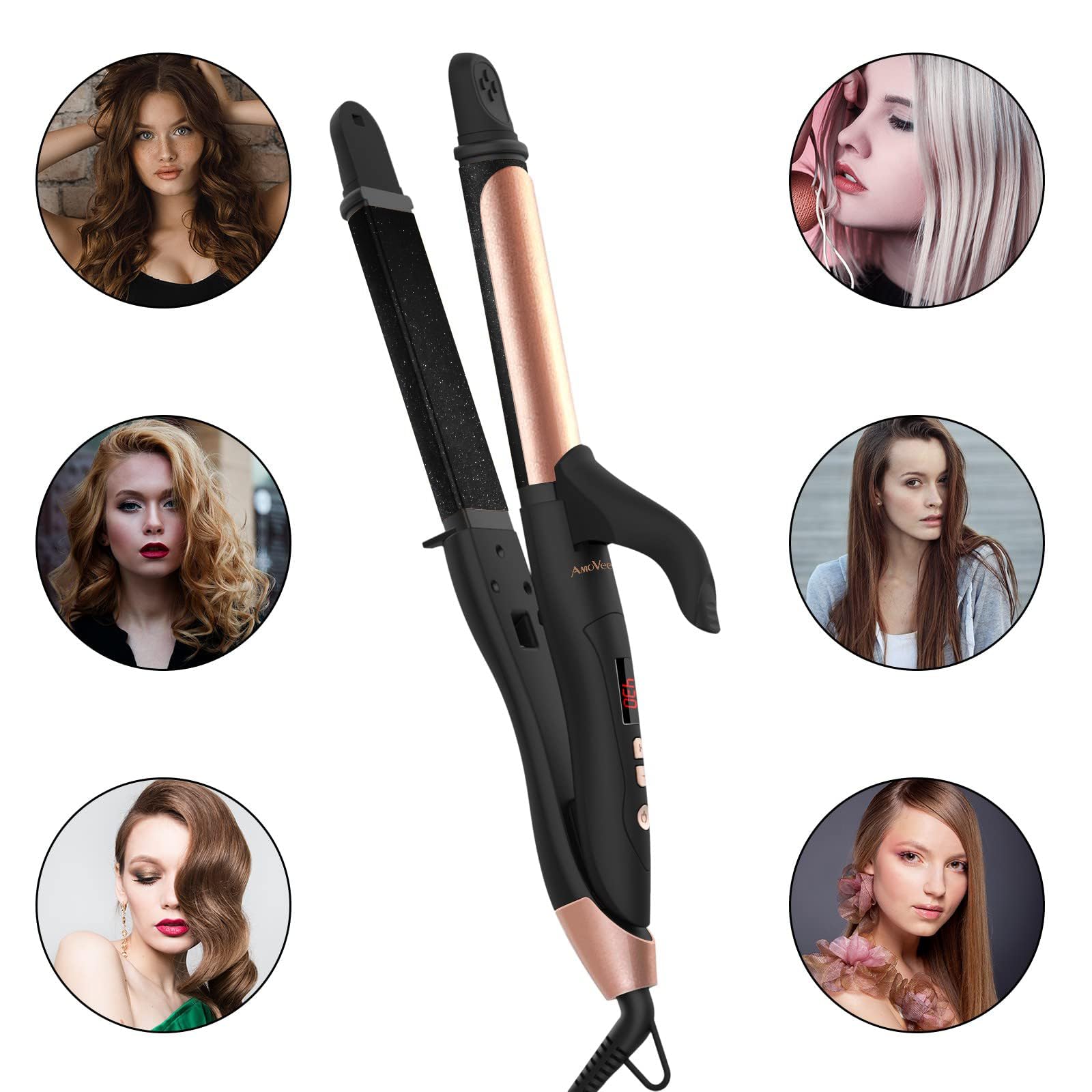 AmoVee Travel Curling Iron, 1.25 Inch Hair Straightener, 2 in 1 Flat Iron Ceramic Tourmaline, Dual Voltage, Adjustable Temp, Rose Gold