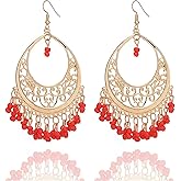 coadipress Filigree Cut-out Dangling Chandelier Earrings for Women Bohemian Retro Gold Chandelier Tassel Drop Earrings Ethnic Gypsy Beads Tassel Earrings Jewelry Gifts