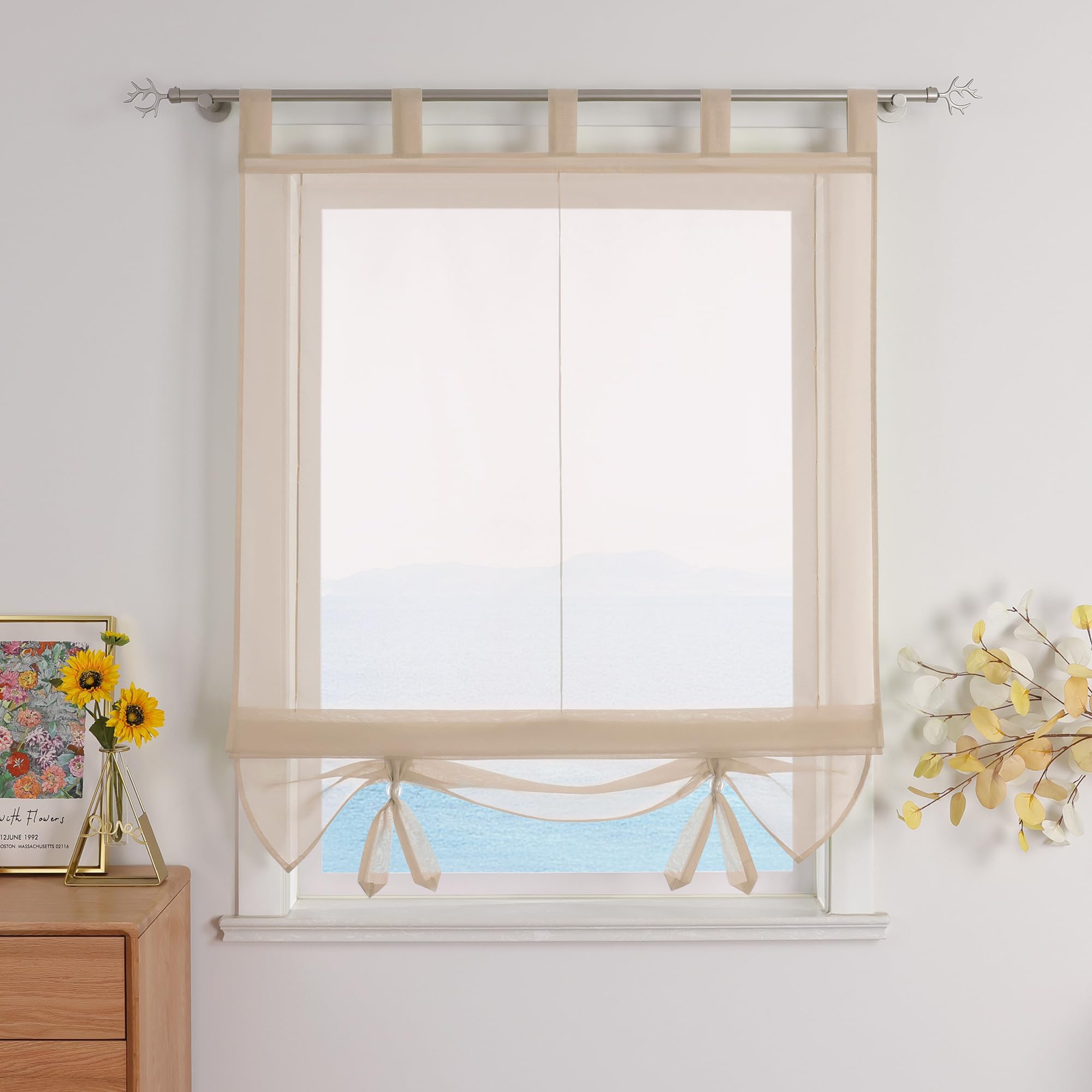 ESLIR Roman Blind with Loops, Kitchen Curtains, Transparent Tab-Top Blind Curtains, Modern Voile Sand, W x H, 140 x 155 cm, Pack of 1