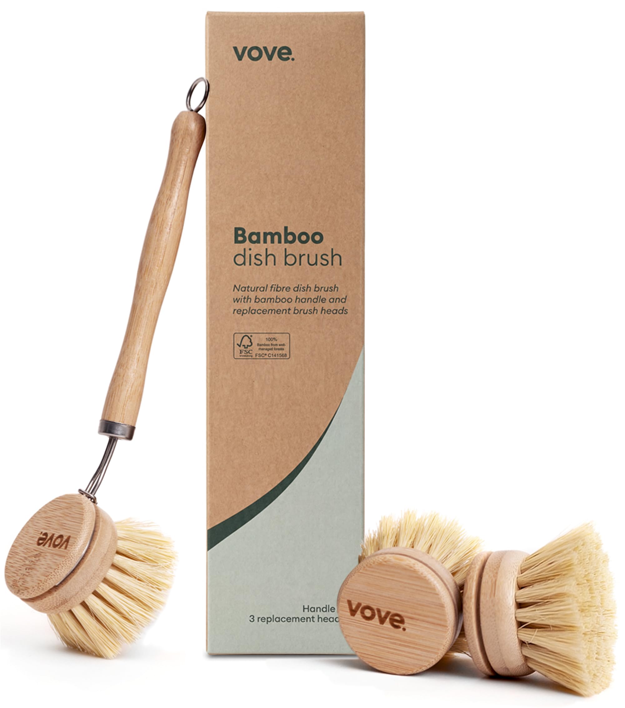 Vove Bamboo Washing Up Brush, FSC-Certified - Includes 3 Replacement Heads - Natural Fibre Bristles - Non-Toxic, Plastic-Free - Kitchen Scrub Brush for Pots, Pans & Dishes