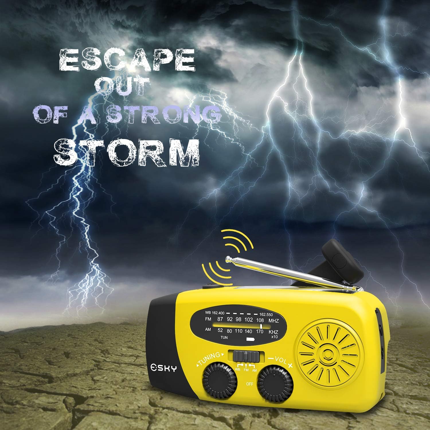 [Upgraded Version]Emergency Radio, Esky 3W LED Flashlight Hand Crank Radio, Self Powered AM/FM NOAA Weather Radio, Portable Solar Radio 1000mAh Power Bank USB Charger for iPhone/Smart Phone (Yellow): Electronics