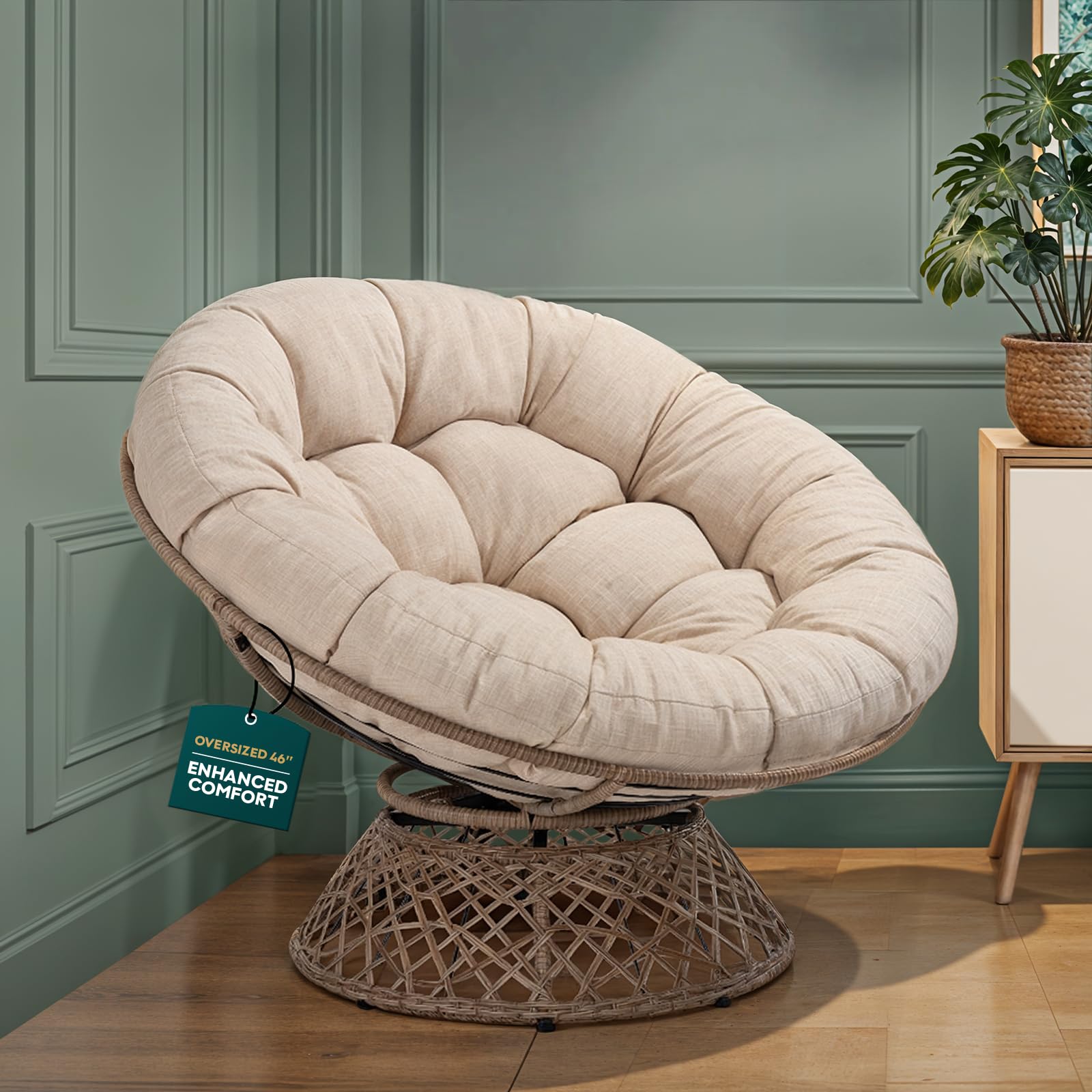 Bme 46" Large Size Ergonomic Wicker Papasan Chair with Soft Thick Density Fabric Cushion, Bee-Designed Base, High Capacity Steel Frame, 360 Degree Swivel for Living, Bedroom,... Image