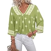SHEWIN Womens Summer Tops Casual Retro Print V Neck 3/4 Sleeve Boho Vacation Blouses Shirts