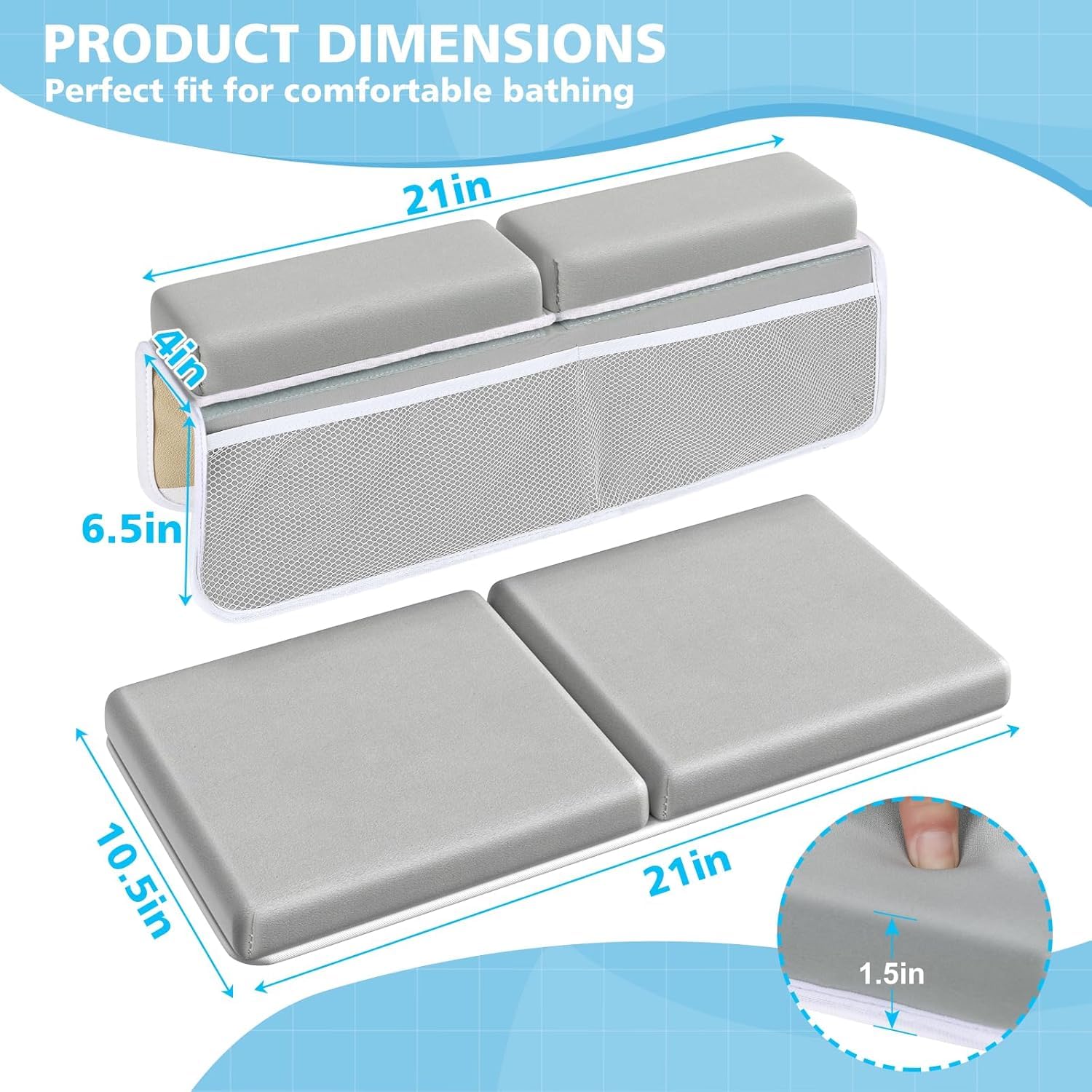 Bath Kneeler and Elbow Rest Pad Set - Gray Green - 1.5 inch Extra Thick Baby Bathtub Kneeling Pad and Removable Elbow Pad,with Baby Bath Toys and Organizer Pockets - Easy to Clean-Tiikiy