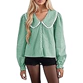 Burtell Striped Button Down Shirts for Women Casual V Neck Long Sleeve Blouse Loose Puff Sleeve Babydoll Tops Business Work