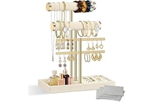 3-Tier Jewelry Stand for Women & Girls: Velvet Bracelet & Necklace Holder with Ring & Earring Catchall Tray, Detachable Jewel