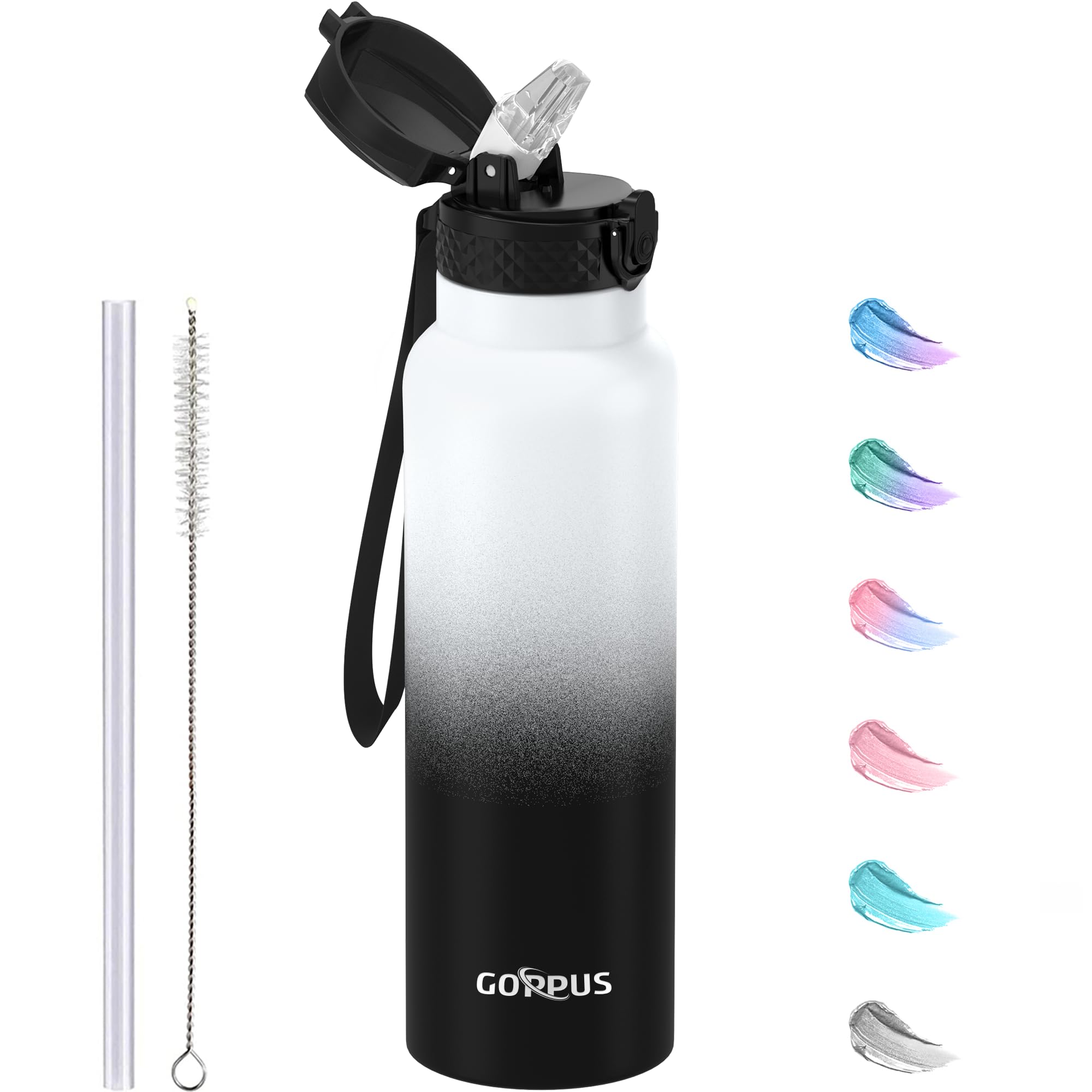 GOPPUS 750ml/26oz Stainless Water Bottle with Straw Double Wall Insulated Bottles with Strap Reusable Vacuum Thermal Flask Leakproof Keep Cold Drinks Bottles with Flip Top Lid for Men Women BPA Free