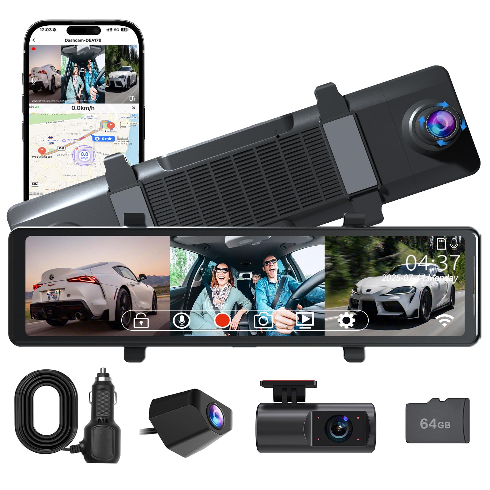 Photo 1 of 3 Channel Mirror Dash Cam,12" Front 4K+Inside 1080P+Rear 1080P Triple Rear View Mirror for Cars, 5.8GHz WiFi, Night Vision, G-Sensor, Reverse Assist, Includes 64GB Card