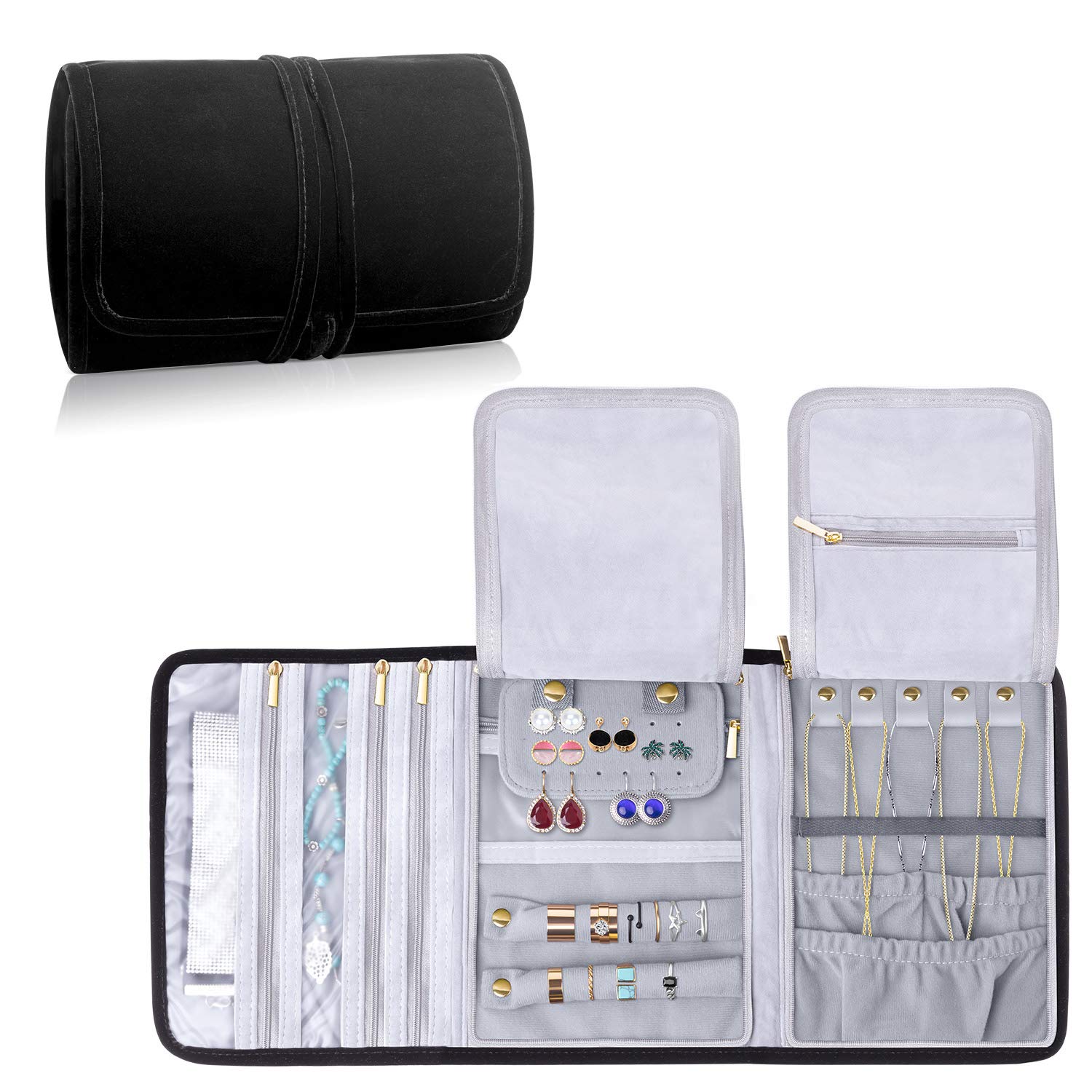 Teamoy Jewellery Roll, Jewellery Wrap, Travel Jewellery Organiser with Various Departments, Velvet Material, Black