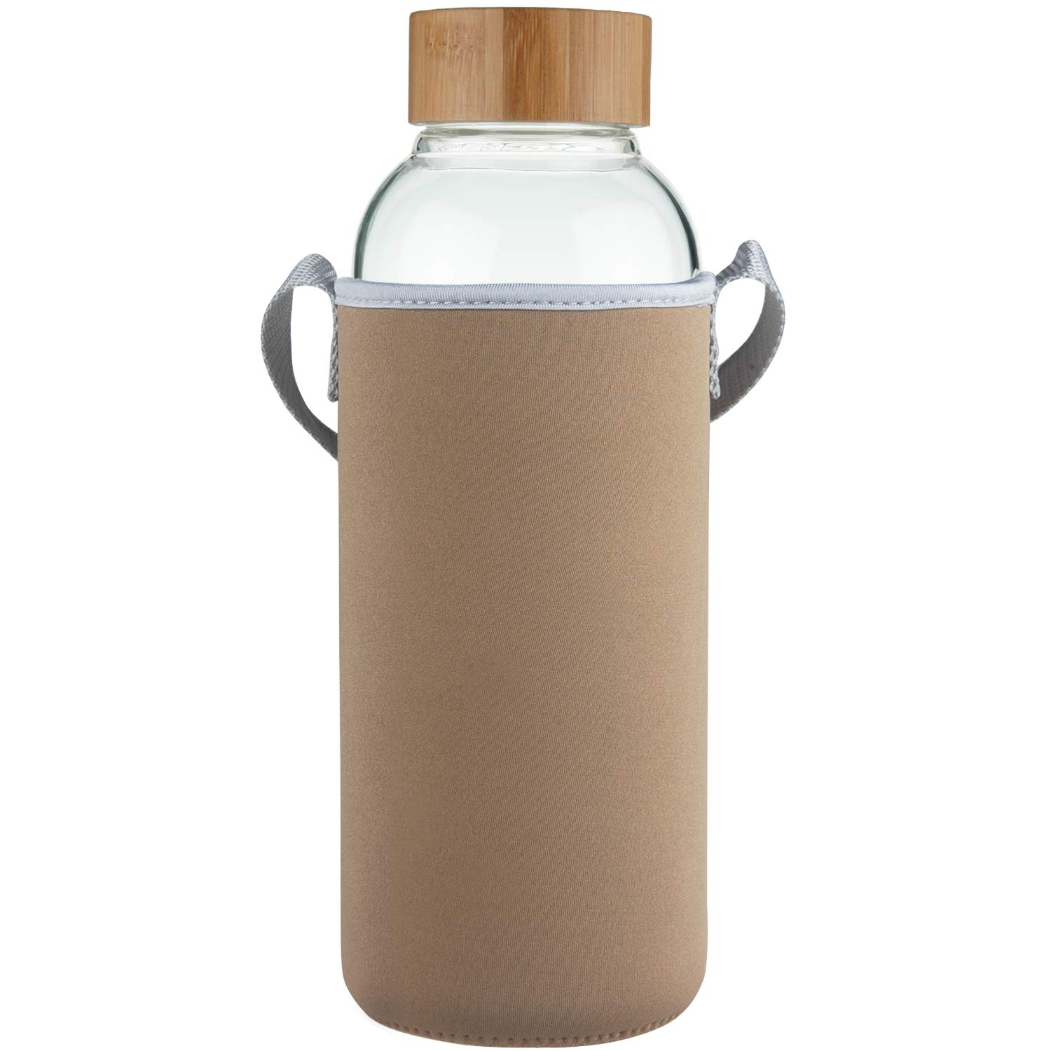 Ferexer 1.5 Litre Large Borosilicate Glass Water Bottle with Bamboo Lid with Neoprene Sleeve 1500 ml / 1.5 L Gold