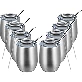 MEWAY 12oz/8 Pack Wine Tumbler Glasses with Lid - Stemless Double Wall Vacuum Stainless Steel Travel Tumbler - Keeping Cold & Hot for Wine,Coffee,Cocktails,Drinks-Family and Gifts (Silver,Set of 8)