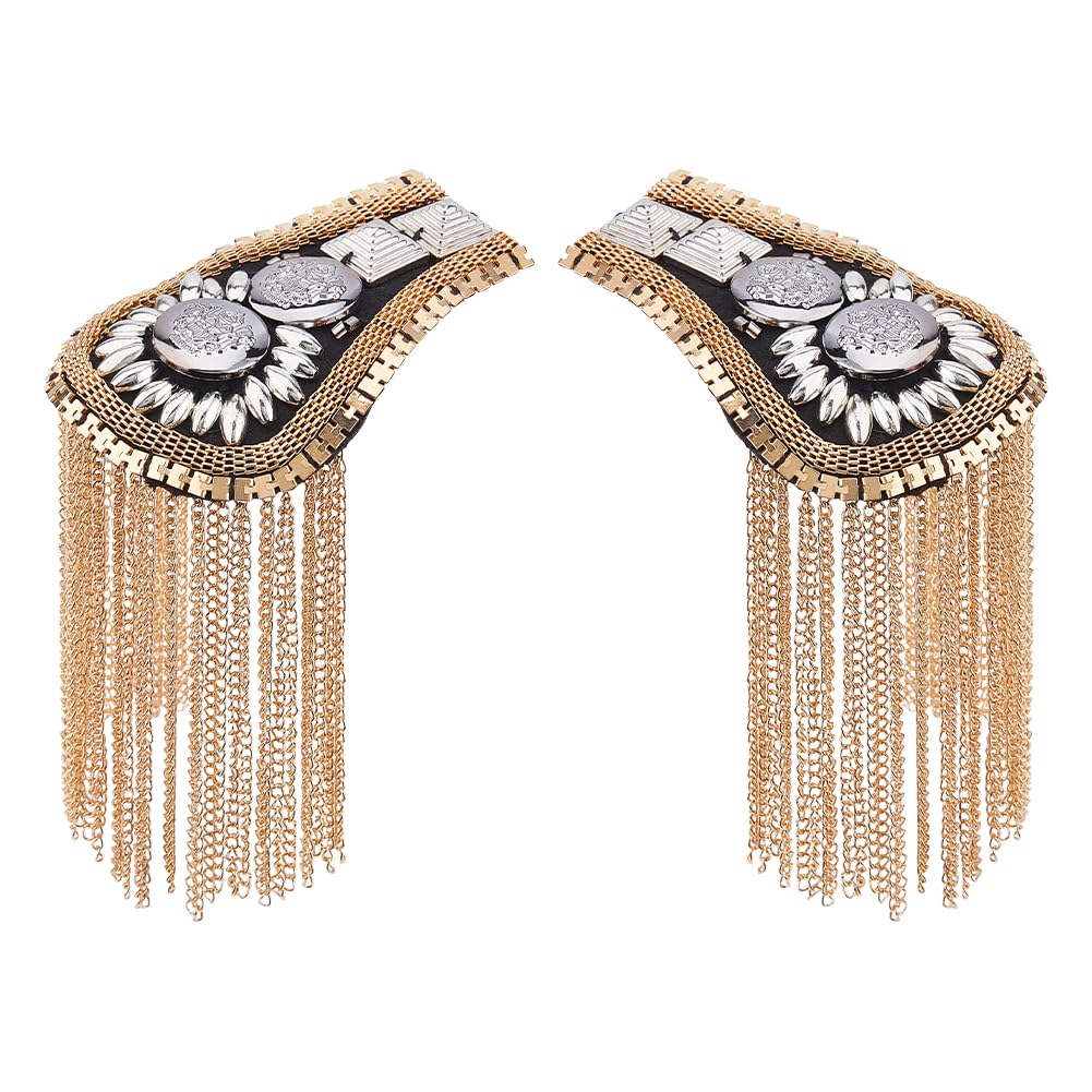 SUPERFINDINGS 2Pcs Fashion Tassel Epaulettes Metal Punk Shoulder Badge Detachable Golden Epaulet Shoulder Decoration Fixed by Pin for Jackets Metal Punk Fringe