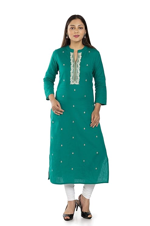 Women's Pure Cotton Embroidered Casual Straight Kurta | 3/4 Sleeve |Color : Turkey Green | Size : S-XXL