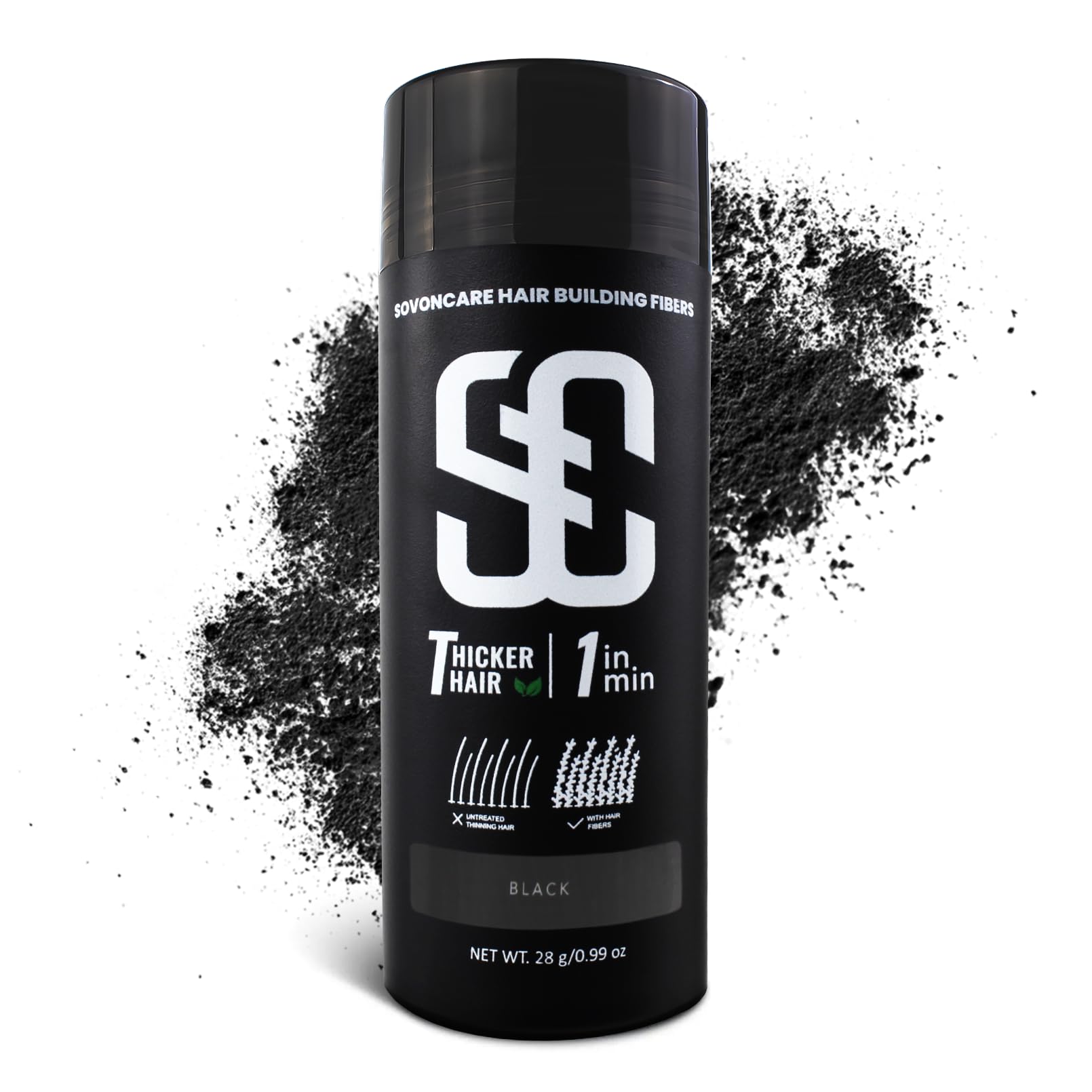 SOVONCARE Hair Fibers for Men, Hair Fibres Black Hair Powder for Thinning Hair Thickener, Best Hair Thickening Products Hair Loss Concealer For Men & Women 28g (Black)