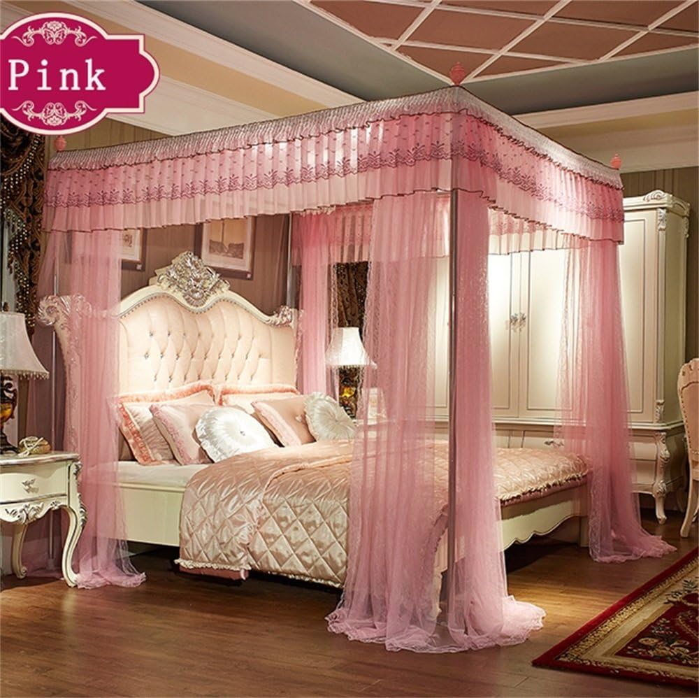 HOME UK- European Style Four-poster Rails Mosquito Net Three-door Single Double Encryption Thickening Princess Style Stainless Steel Bracket ( Color : Pink , Size : 2.0m (6.6 Feet) Bed )