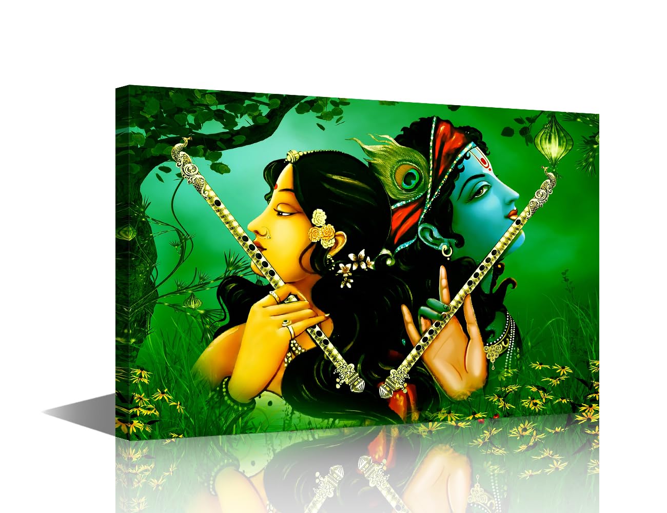 Lord Krishna Pictures for Living Room Painting Hinduism Lord Radha Krishna Pictures on Canvas Deity Wall Art Contemporary Artwork Home Decorations Giclee Framed Gallery-wrapped Ready to Hang 24"Wx16"H