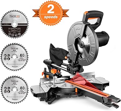 TACKLIFE Scie à Onglet Coulissante, 3200 / 4500tpm, Double Vitesse, 2000W, Lames 40T et 48T, Coupe en Biseau à 45° avec Guide Laser, Table Extensible, Sac de Poussière - EMS01A