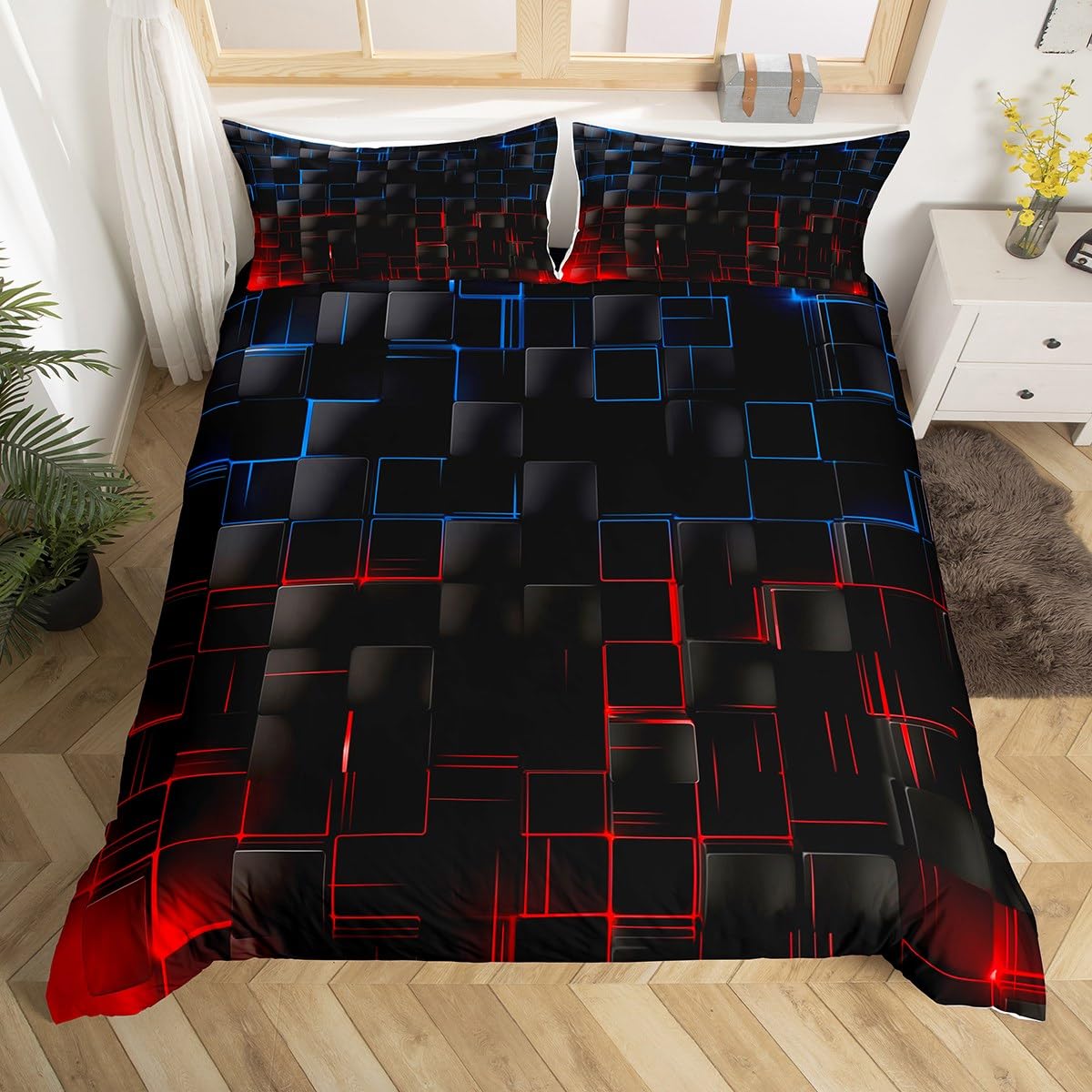 Manfei Blue and Red Duvet Cover Set King Size, Abstract Geometric Comforter Cover with 2 Pillowcases, Black Square Lattice Bedding Set 3pcs for Kids Boys Girls Room Decor Lightweight Bedspread Cover — image 1