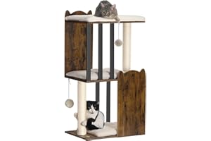 FourFurPets 35.4in 3-Tier Modern Cat Tree Tower Condo, Cat Scratch Posts for Indoor Cats, Big Plate, Two Full Sisal Scratching Posts, Rustic Brown