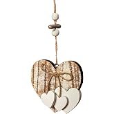Sun&amp;Beam Handmade Pine Heart Hanging Decoration, Layered Rustic Design #1 | Layered large-and-small hearts with a wooden bead, natural twig and jute bow details.