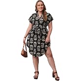 WDIRARA Women's Plus Notch Neck Skull Print Dress Cap Sleeve Tie Waist Crew Hem A Line Dress