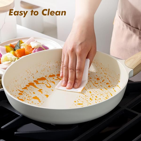 SENSARTE CERAMIC NONSTICK FRYING PAN SKILLET WITH LID, 9.5INCH NON STICK PAN OMELET PANS, NON-TOXIC KITCHEN COOKING CHEF’S PAN, FREE OF INTENTIONALLY ADDED PFAS/PTFE/PFOA, INDUCTION COMPATIBLE, WHITE