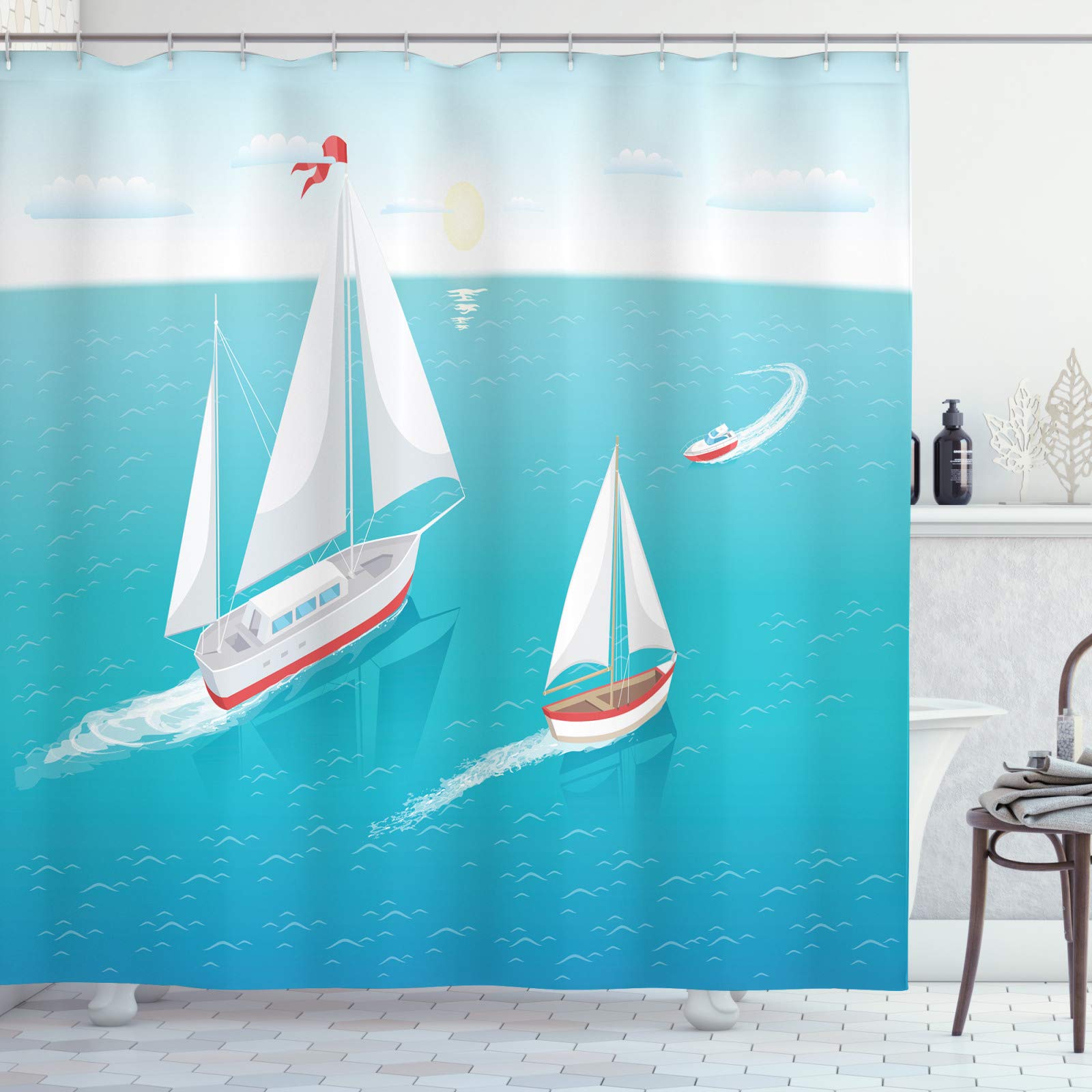 ABAKUHAUS Blue Nautical Shower Curtain, Top View of Sailing Boats with the Sun Beaming in the Horizon, Cloth Fabric Bathroom Decor Set with Hooks, 175 x 200 cm, Sea Blue And Multicolor