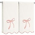 Fanfanwin 2 Pcs Scalloped Hand Towels for Bathroom 26 X13 Embroidery Coquette Bow Hand Towels 100% Cotton Soft Absorbent Boho Bath Decor for Kitchen Bathroom (White,Pink)