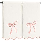 Fanfanwin 2 Pcs White Pink Scalloped Hand Towels for Bathroom 26 x 13 Embroidery Coquette Bow Hand Towels 100% Cotton Soft Absorbent Boho Bath Decor for Kitchen Bathroom