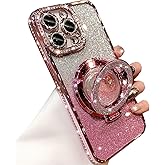 Changjia Glitter Kickstand Case for iPhone 15 Pro Max, Luxury Bling Sparkly Diamond Rhinestones with Camera Protector Liquid Flowing Ring Stand TPU Bumper Women Girls Case for iPhone 15 Pro Max (Pink)