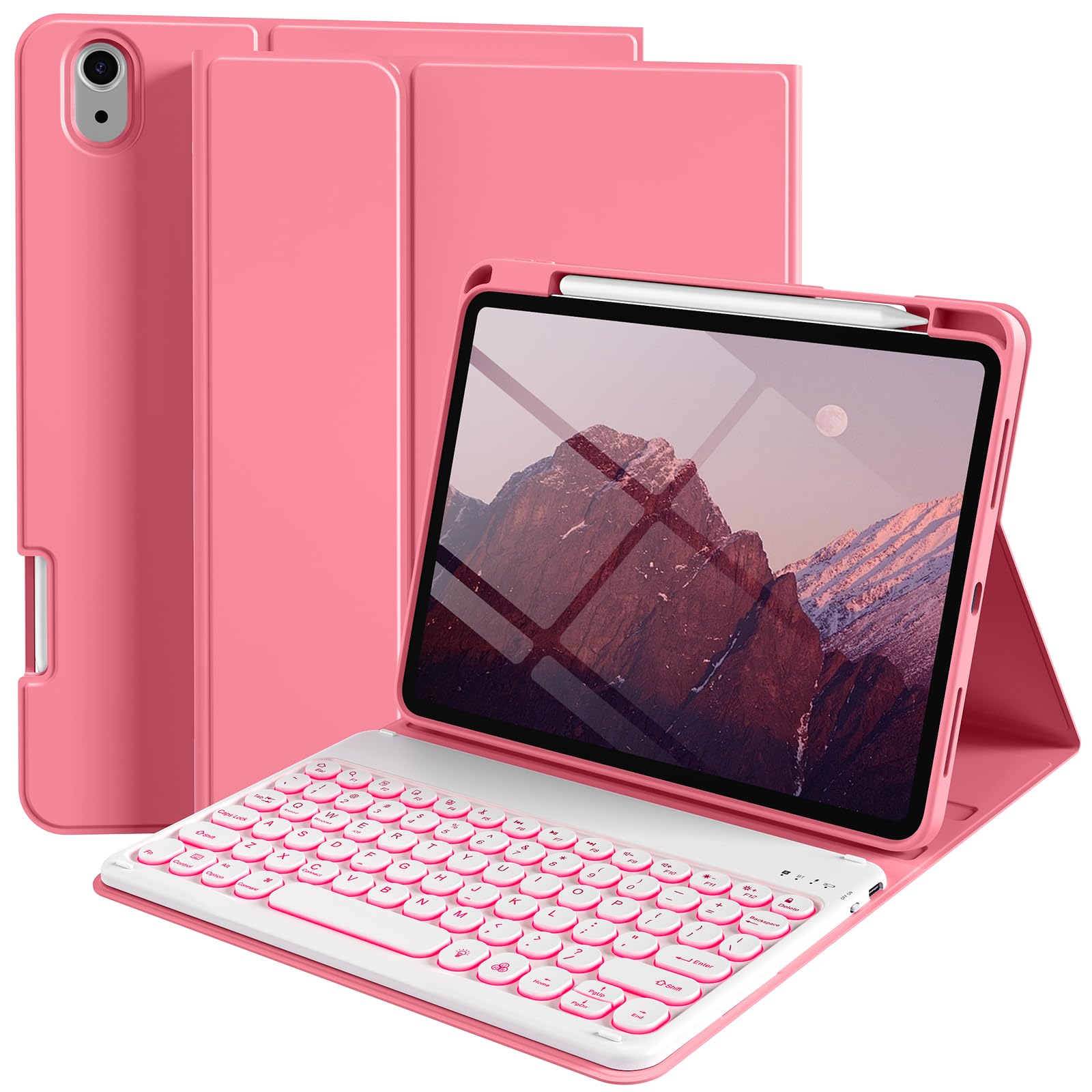 Photo 1 of kenke for iPad 11/10th Gen Case with Keyboard 11/10.9 inch 2025 A16/2022, Detachable Wireless Bluetooth Keyboard Case with Right Side Pencil Holder, Backlit White Circular Keycaps (Pink