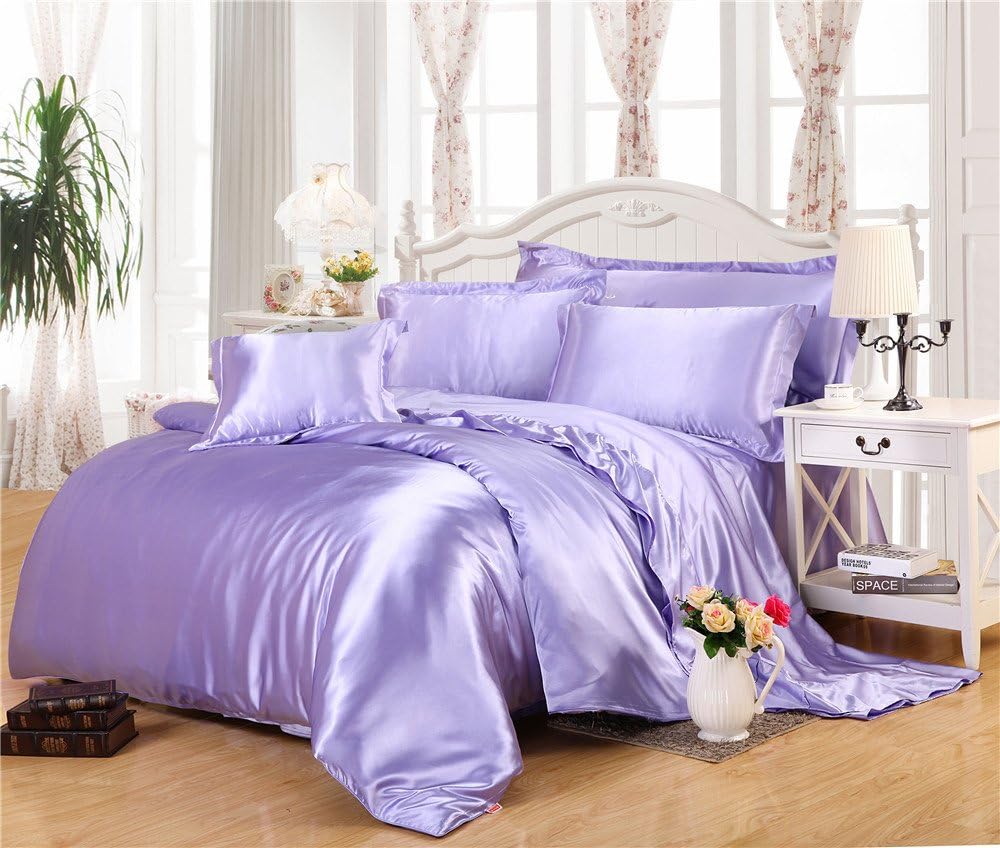 Lotus Karen Satin Silky Bedding Comforter Duvet Cover Fitted Sheet Pillowcases Set - Luxury Ultra Soft Solid Imitated Silk Bedding Set