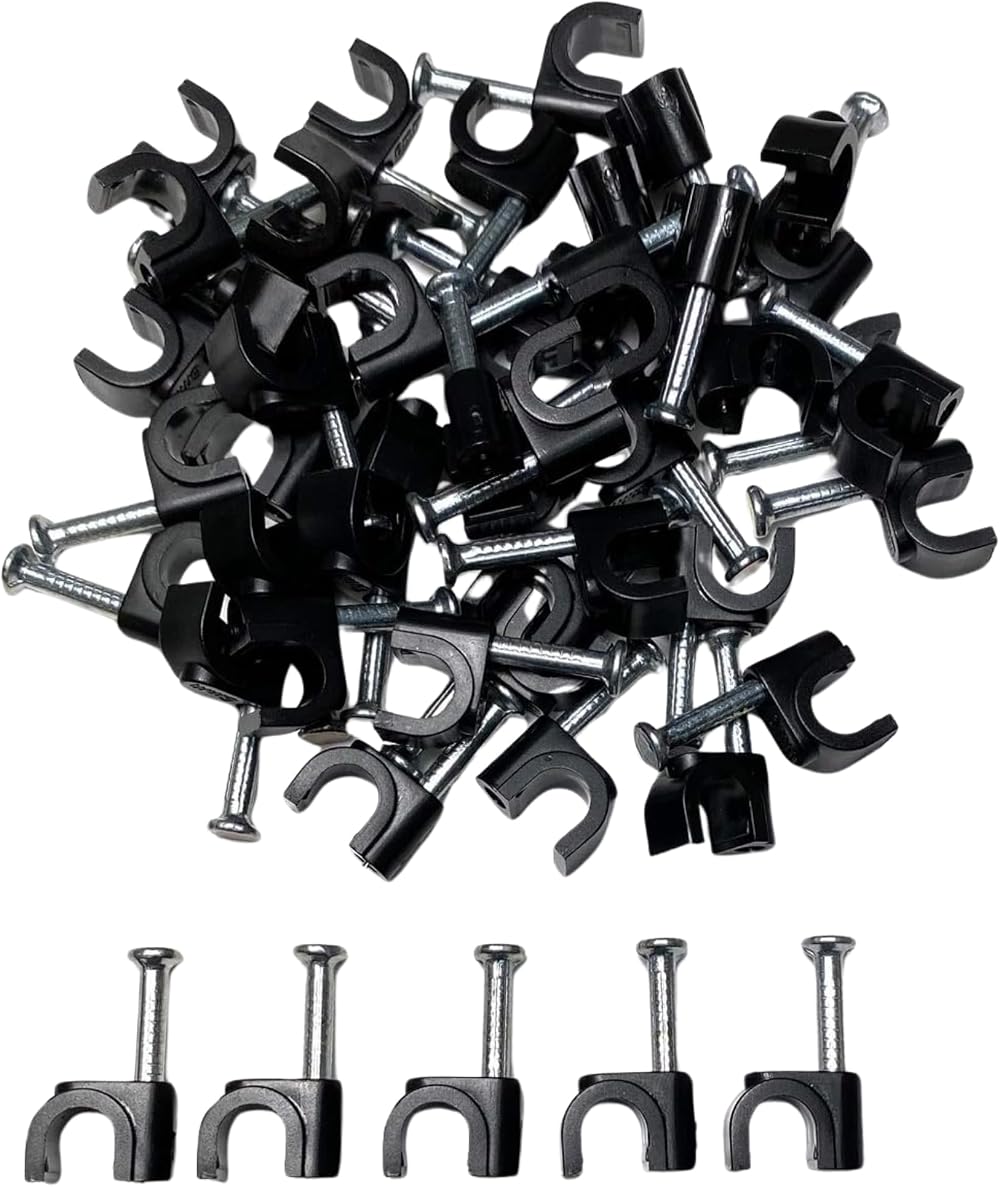 TR Cable Pack of 50 Round Cable Clips 5mm with Nails Black