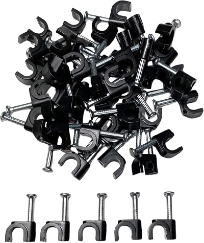 TR Cable Pack of 50 Round Cable Clips 5mm with Nails Black