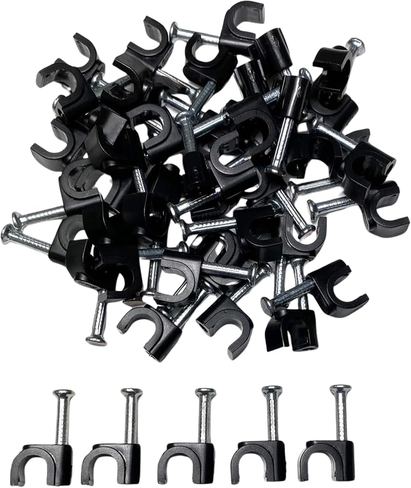 TR Cable Pack of 50 Round Cable Clips 5mm with Nails Black