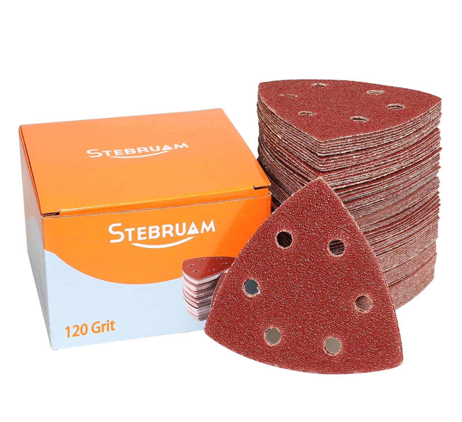 STEBRUAM Delta-Triangle Sanding Sheets,Sanding discs 65 Pieces Detail Sander Pads 6 Holes Triangle Sandpaper 120 Grits Triangle Sanding Pads 93 x 93 x 93 mm Sander Sheets — image 1