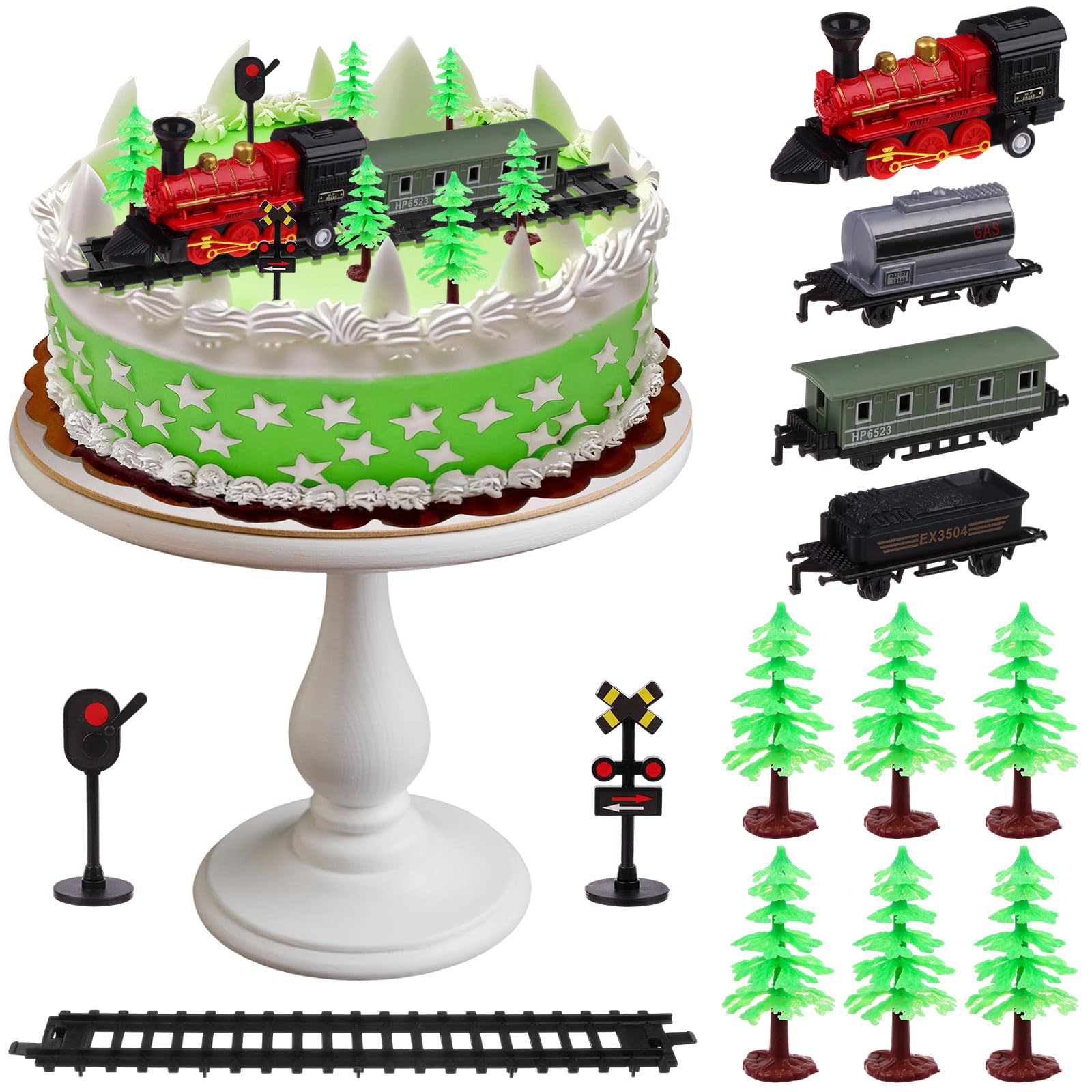 Train-Themed Cake Topper Set - 13-Pack Pull-Back Model Mini Railway with Lights, Track, Green Trees, Vintage Steam Engine for 8-12" Circle Cake Decorations
