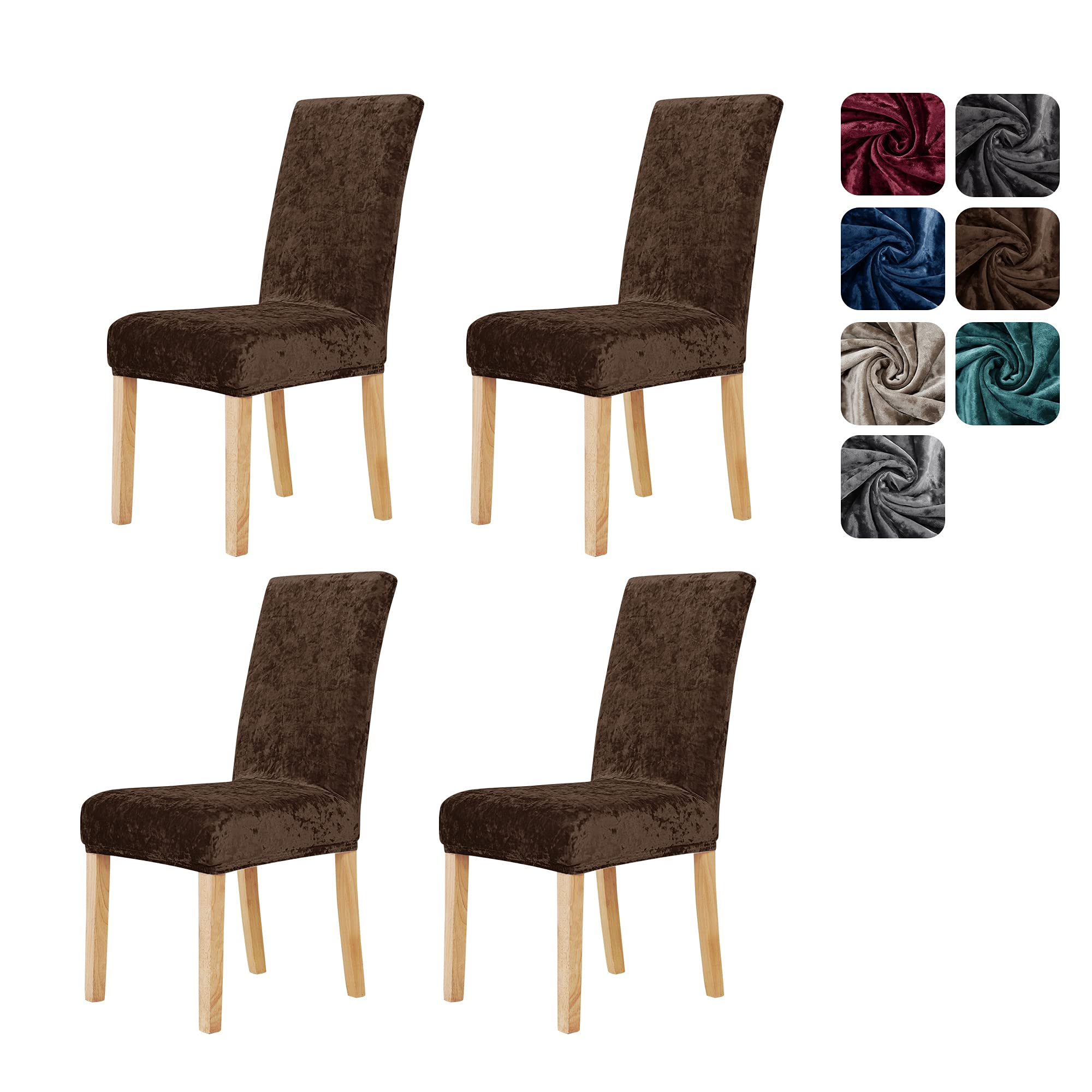 Deconovo Dining Chair Covers, Decorative Velvet Chair Covers Stretch, Slipcovers Elastic Furniture Covers, Chocolate, Set of 4