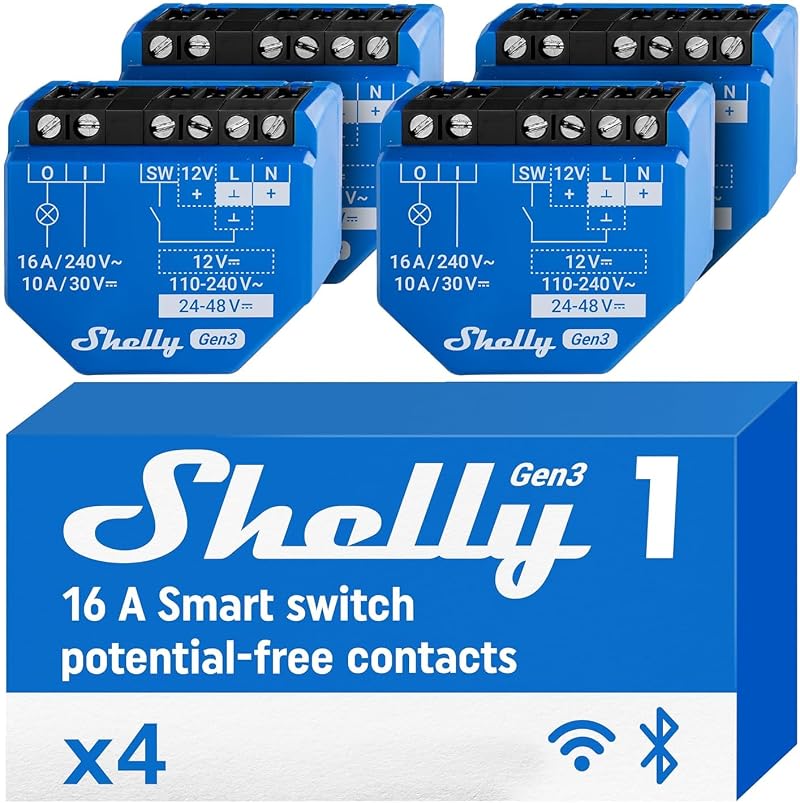 Shelly 1 Gen3 Wi-Fi Matter Smart Relay 16A Dry Contacts 4 Pack