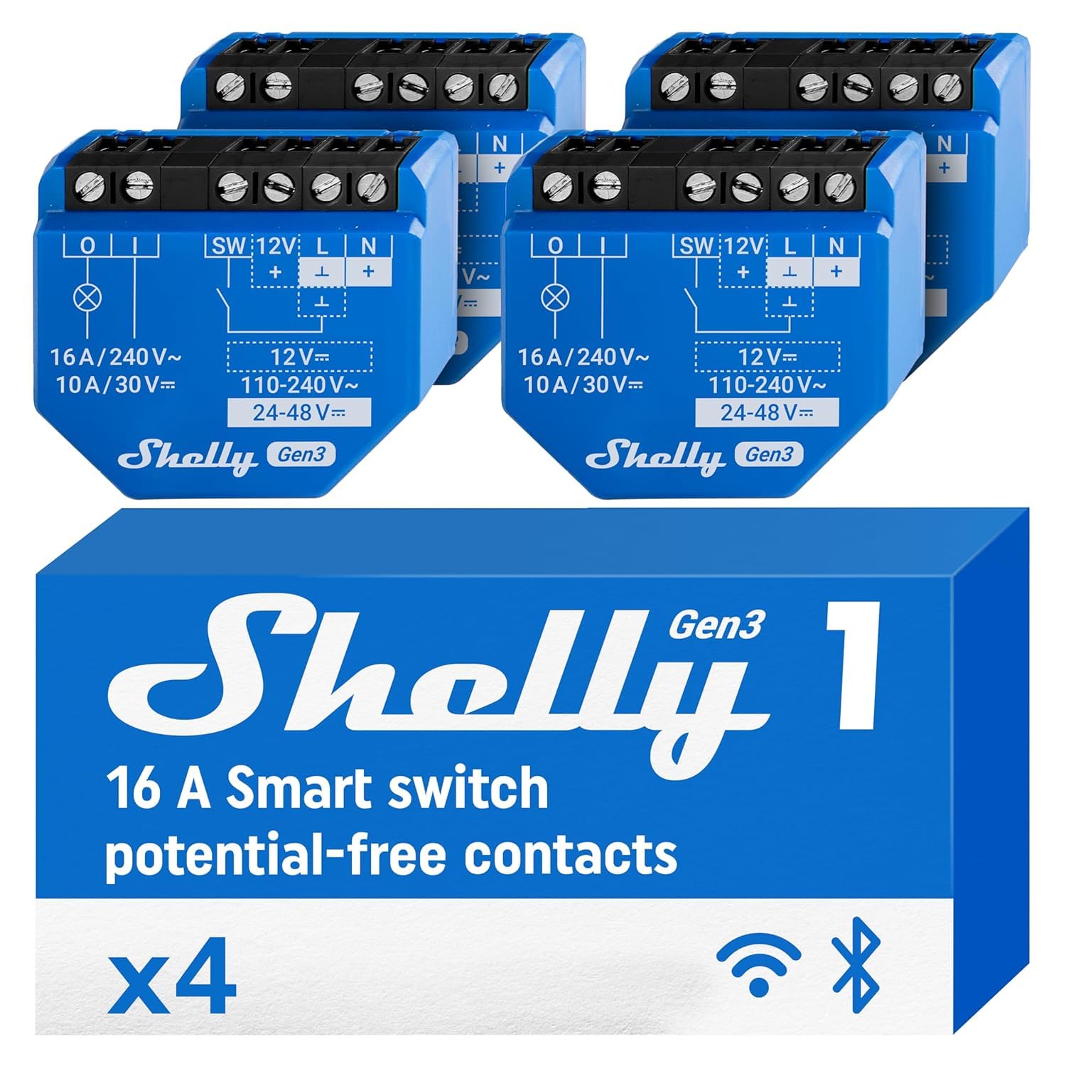 Shelly 1 Gen3 - Wi-Fi & Matter Smart Relay Switch, 16A, Dry Contacts, Home Automation, Lights, Garage Door Remote Control, iOS Android, Alexa & Google Home, No Hub Required (4 Pack)